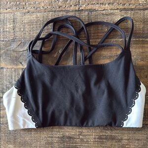 Athleta Black and White Strappy Bra with Lace Trim